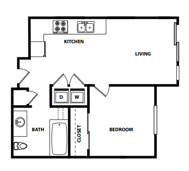 Floor plan for 1 bed, 1 bath, 673 sqft